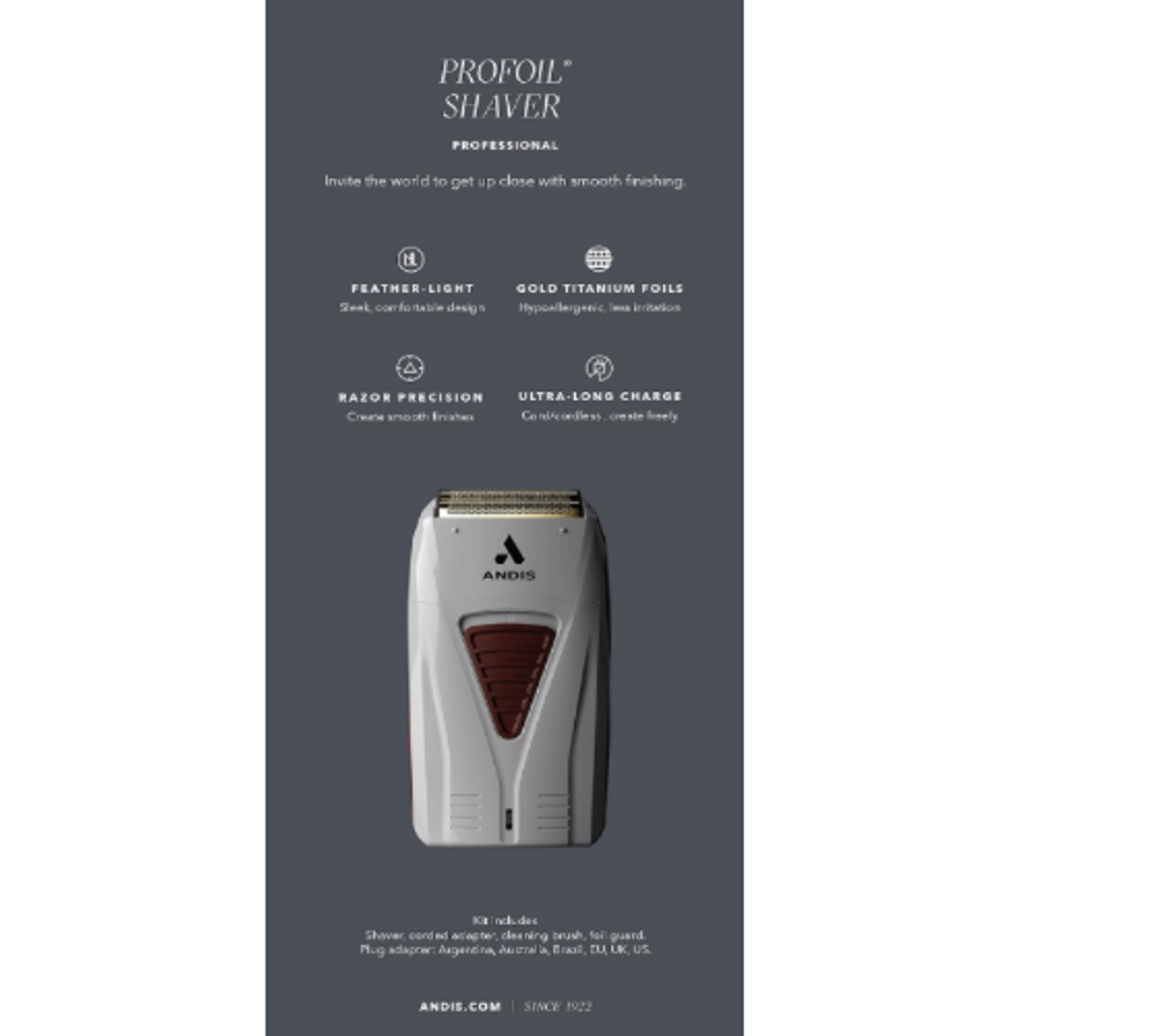 Andis 17260 TS-2 Pro Foil Lithium Titanium Foil Shaver, Cord/Cordless, Smooth Shaving Cordless Shaver with Charger, light grey with burgundy- Next Day Free Delivery