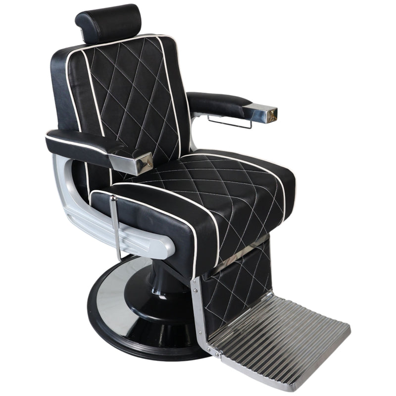 Barber Chair - Elegant Black & Silver Diamond-Stitched & Silver Accents