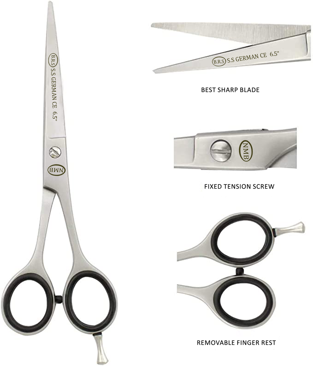 Professional Stainless Steel 6.5" Hair Cutting Barber Scissors with Finger Rest by BRS German
