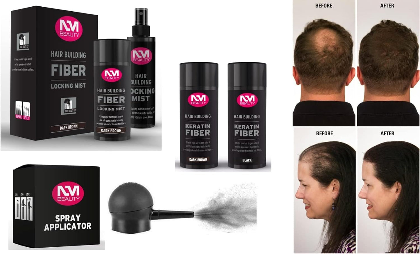NMB Professional Hair Building Fibers 21 g, Dark Brown Fibres for Naturally Thicker Looking Hair With Locking Mist Spray Set 2 IN 1