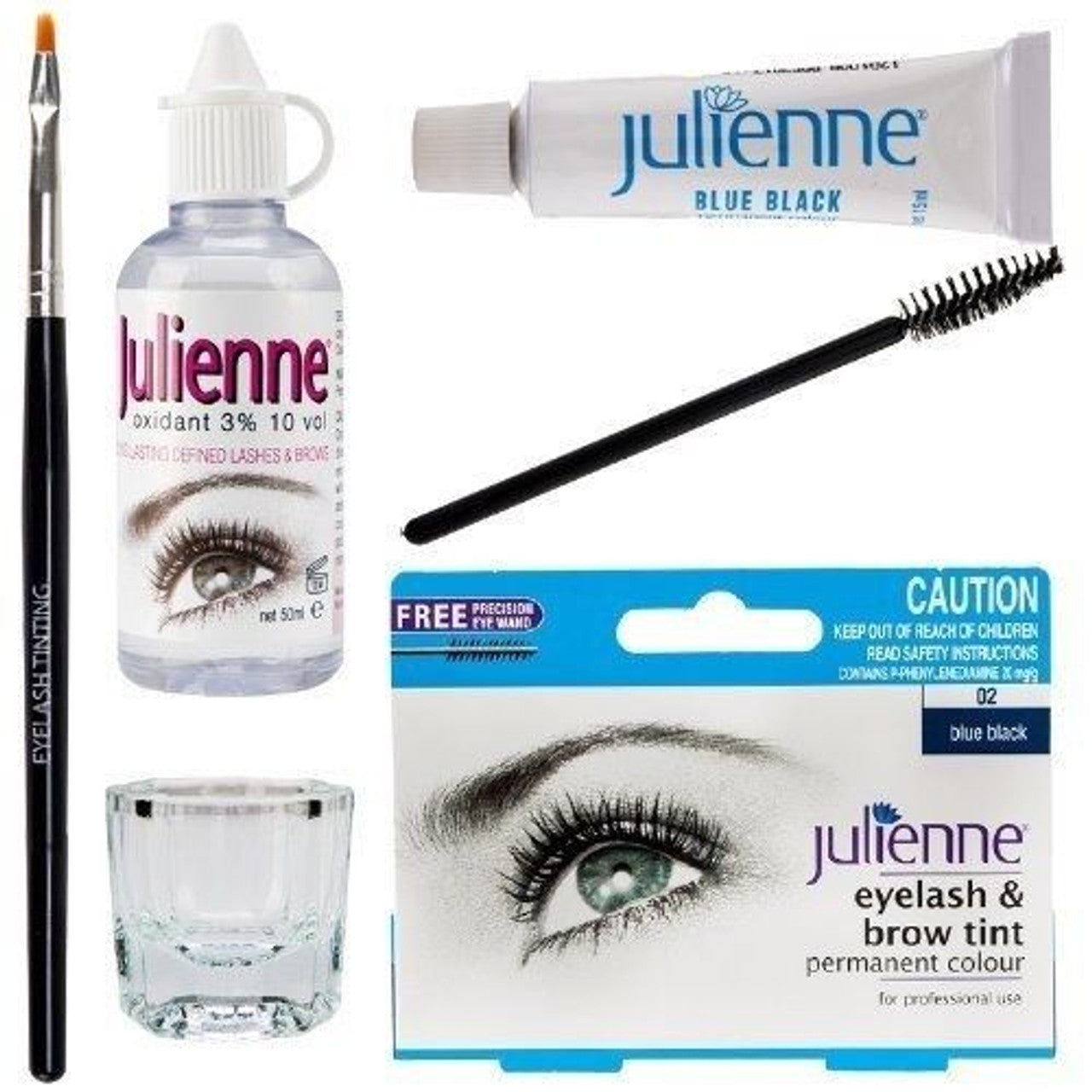 New Julienne Eyelash Eyebrow Tinting Kit Dye Blue Black 02 Brush Tint Dish Oxidant