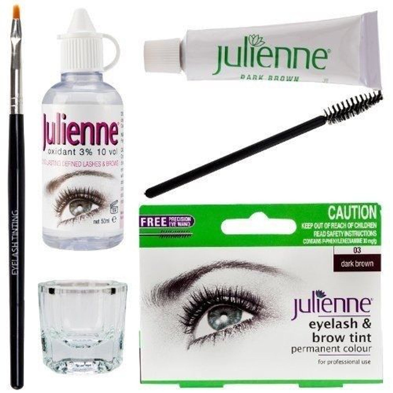 New Julienne Eyelash Eyebrow Tinting Kit Dye Dark Brown 03 Brush Tint Dish Oxidant