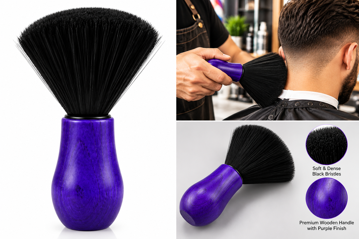 NMB Professional Purple Wooden Neck Duster Brush – Soft Black Bristle Barber Hair Cleaning Brush