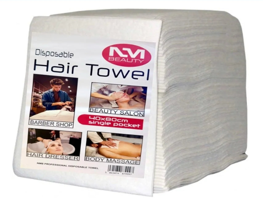 NM Beauty Professional 100 x Disposable Biodegradable White Hair Towels (40x80cm Single Packet) Embossed Salon Towels, Salon, Barbershop, Hairdressing Use