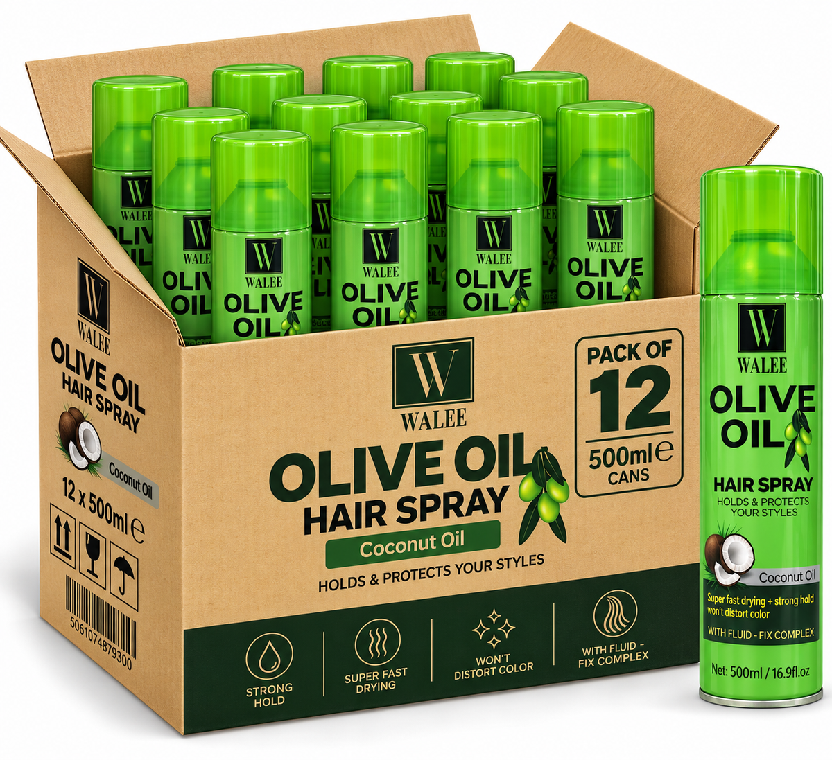 Walee Olive Oil Hair Spray with Coconut Oil, Strong Hold Styling Spray, Super Fast Drying, 500ml