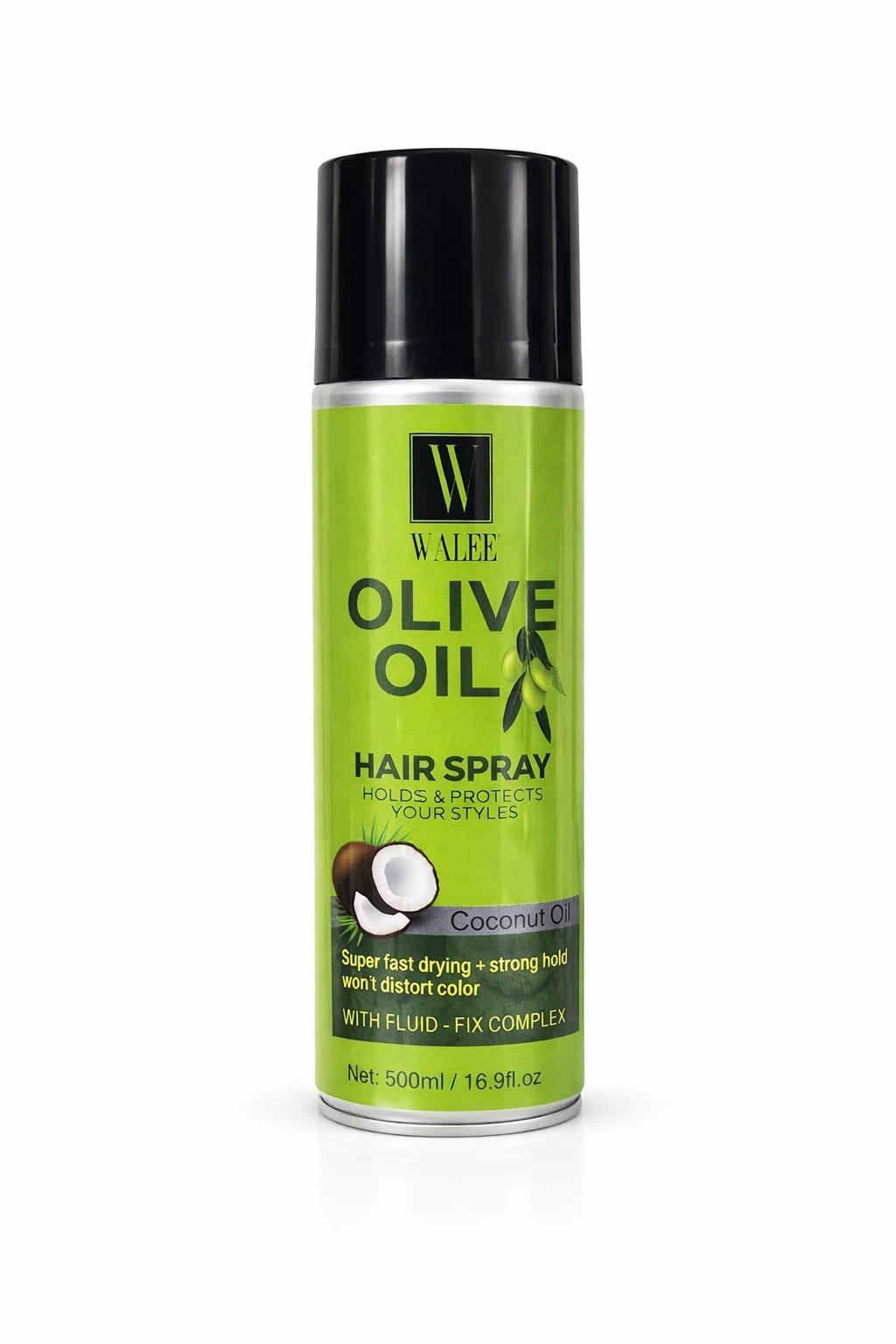 Walee Olive Oil Hair Spray with Coconut Oil, Strong Hold Styling Spray, Super Fast Drying, 500ml