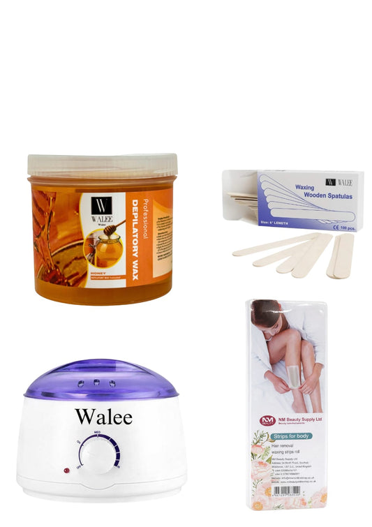 Walee Professional Waxing Essentials Set (Professional Heater+Wax+Spatula+Wax Strip)
