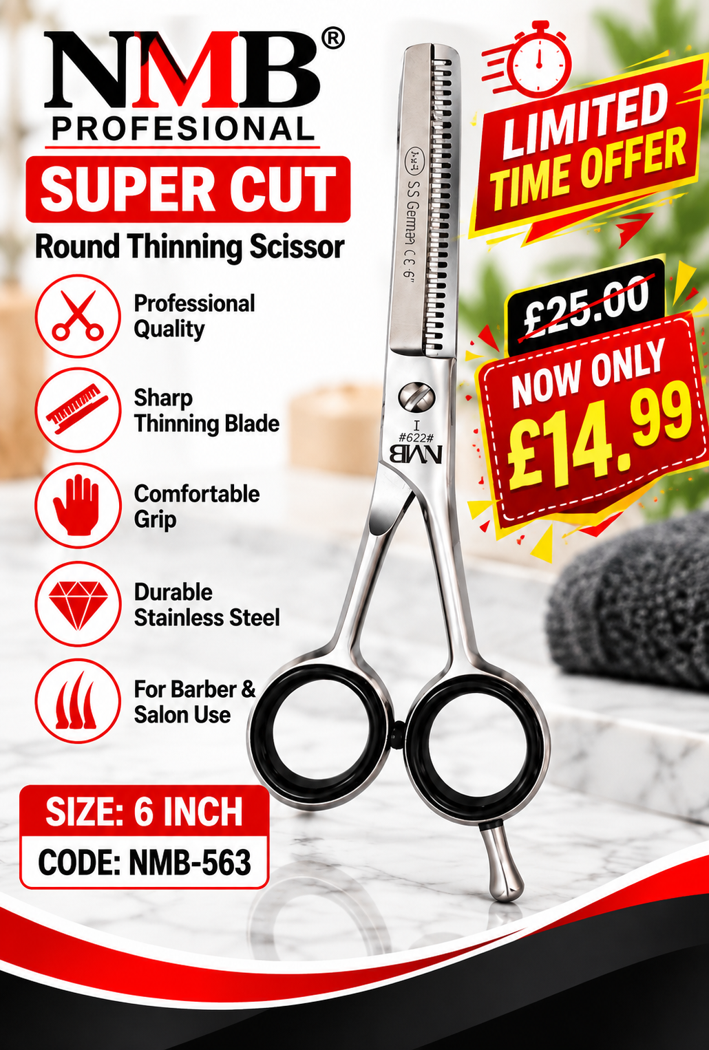 NMB Professional Super Cut Round Thinning Scissor – 6 Inch | Professional Hair Texturising &amp; Blending Scissors | NMB-563