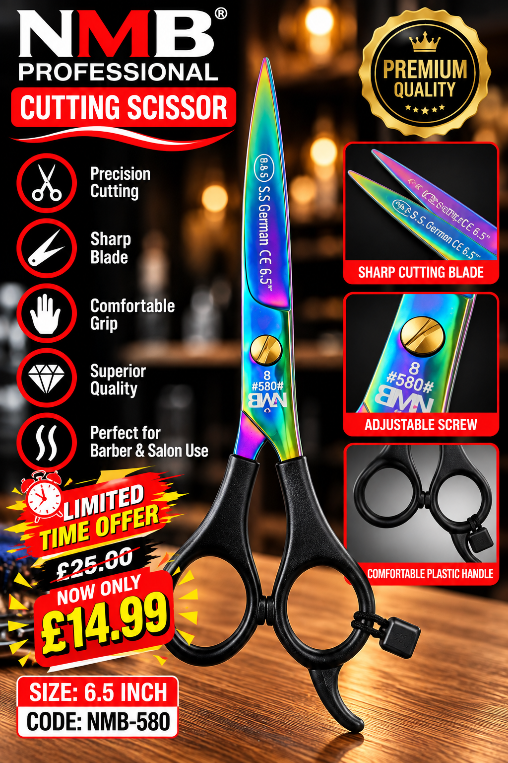 NMB Professional Cutting Scissor 6.5 Inch – Plastic Handle, Multi-Colour Finish – Code NMB-580