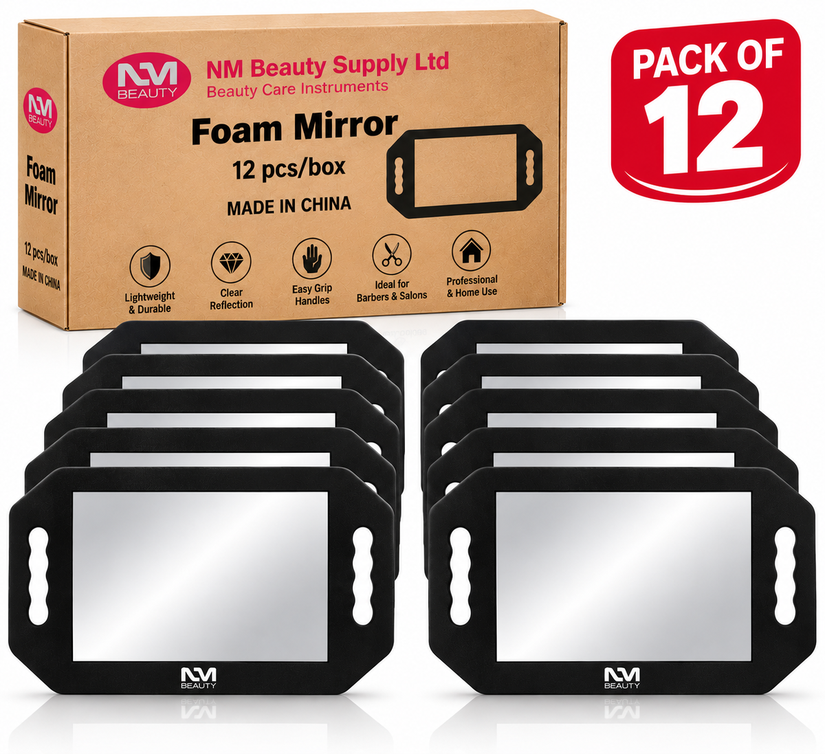 NM Beauty Professional Foam Mirror – Lightweight Handheld Barber & Salon Mirror with Dual Handles – Black