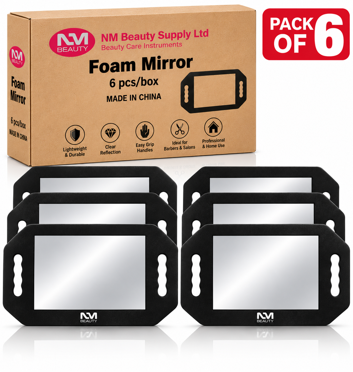 NM Beauty Professional Foam Mirror – Lightweight Handheld Barber & Salon Mirror with Dual Handles – Black