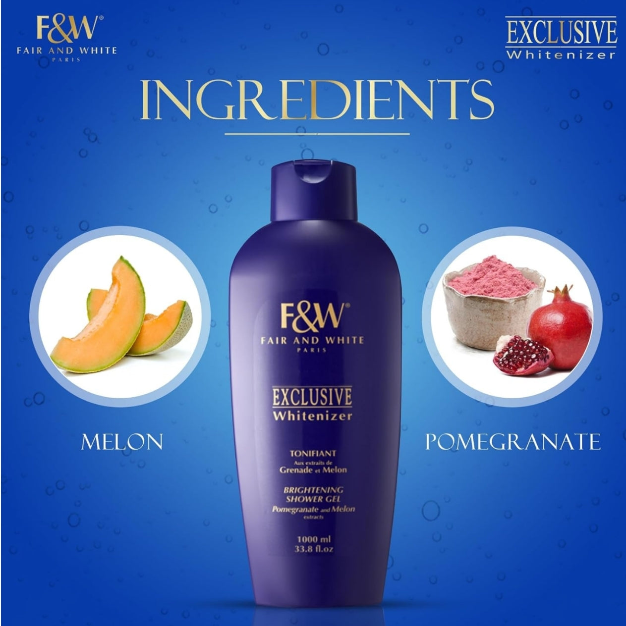 Fair & White Exclusive, Skin Brightening Body Wash - 33.8 fl.oz / 1000ml – Daily Shower Gel, Uneven Skin Tone, with Pomegranate and Melon Extracts
