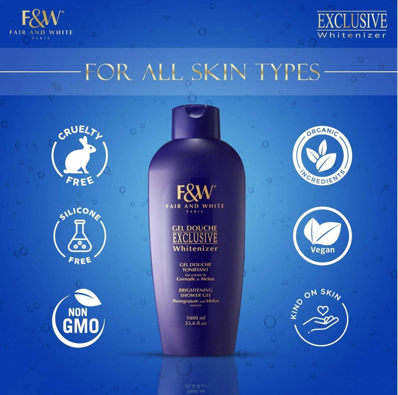 Fair & White Exclusive, Skin Brightening Body Wash - 33.8 fl.oz / 1000ml – Daily Shower Gel, Uneven Skin Tone, with Pomegranate and Melon Extracts
