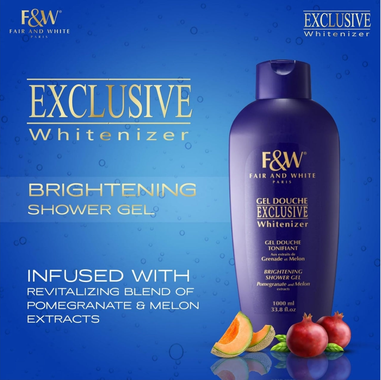 Fair & White Exclusive, Skin Brightening Body Wash - 33.8 fl.oz / 1000ml – Daily Shower Gel, Uneven Skin Tone, with Pomegranate and Melon Extracts