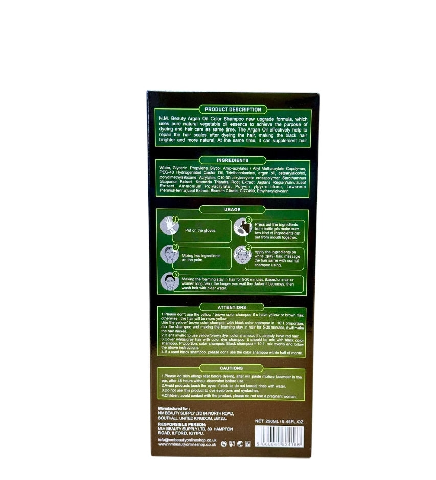 NM Beauty argan oil and natural plant based ammonia free hair coloring shampoo, black hair shampoo