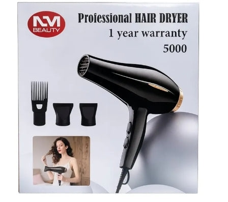 Hair Dryer 5000W, AC Motor Light Weight, with 2 Nozzles & 1 Afro Comb Accessories, Overheating Protection, 3 Heating Settings & 2 Speeds, Unisex, Home Salon by NM Beauty