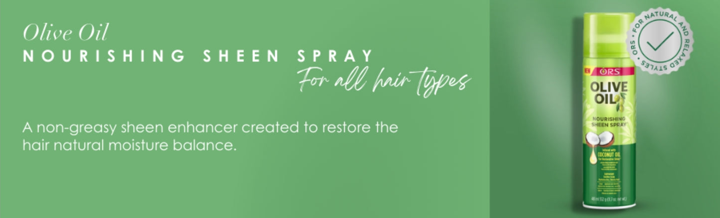 ORS Olive Oil Nourishing Sheen Spray - 404 ml Infused with Vitamin E, Olive - Coconut Oil, and Herbal Extracts. Suitable for All Hair Textures