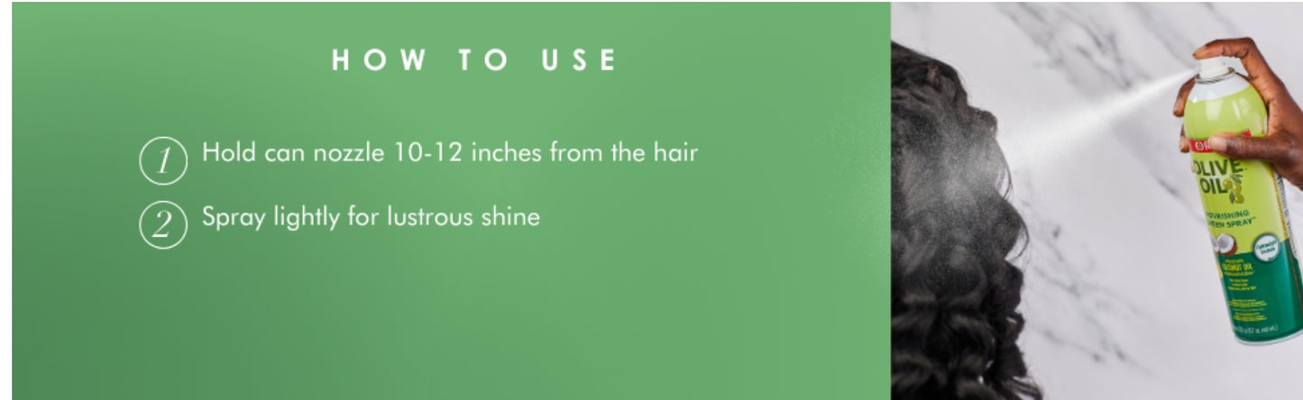 ORS Olive Oil Nourishing Sheen Spray - 404 ml Infused with Vitamin E, Olive - Coconut Oil, and Herbal Extracts. Suitable for All Hair Textures