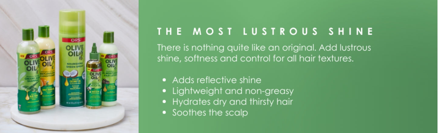 ORS Olive Oil Nourishing Sheen Spray - 404 ml Infused with Vitamin E, Olive - Coconut Oil, and Herbal Extracts. Suitable for All Hair Textures