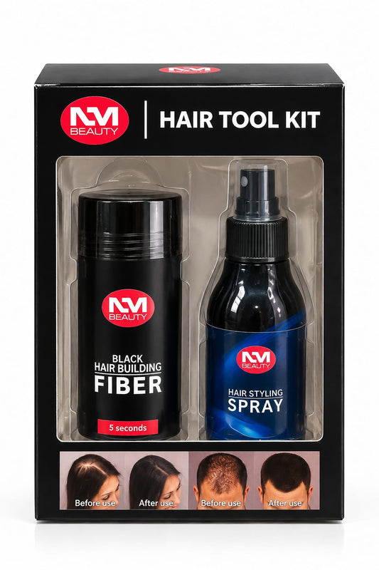 NM Beauty Hair Tool Kit 2 in 1 – Hair Building Fibres &amp; Hair Styling Spray for Fuller-Looking Hair