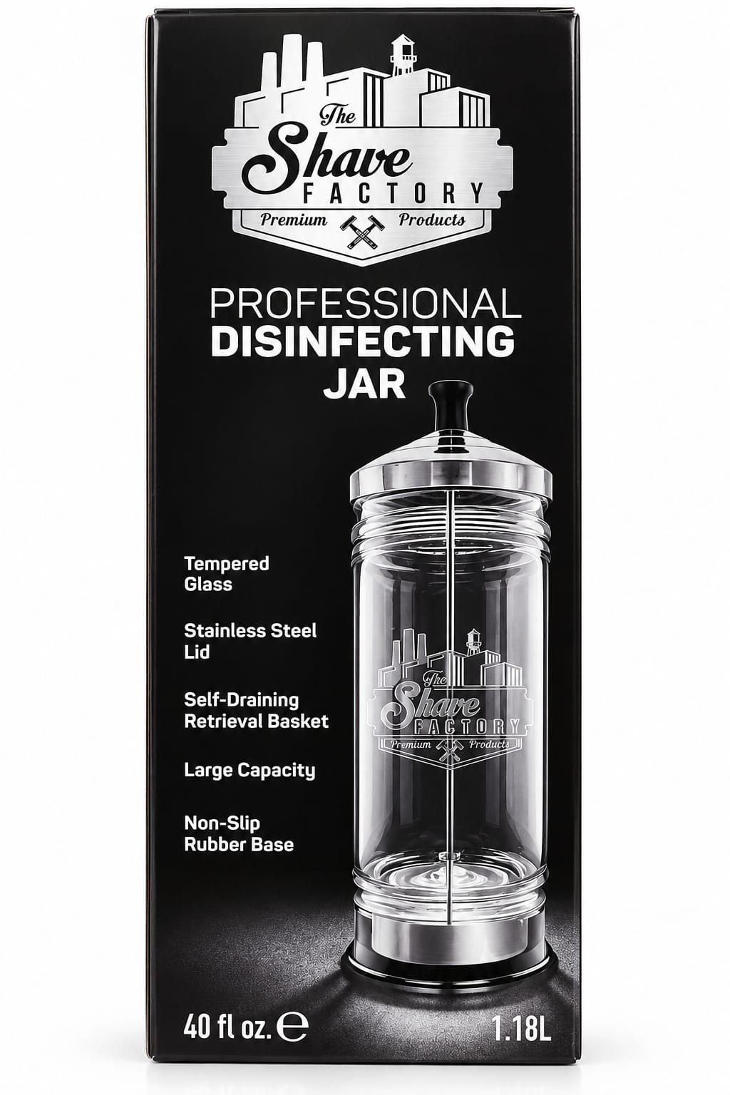 The Shave Factory Professional Disinfecting Jar 1.18L – Tempered Glass with Self-Draining Basket