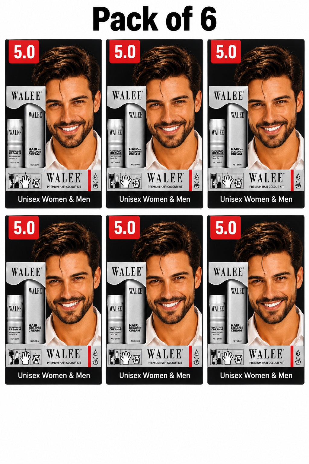 Walee Premium 7-in-1 Ammonia-Free Hair Colour Kit for Women &; Men- Unisex- Pack of 6
