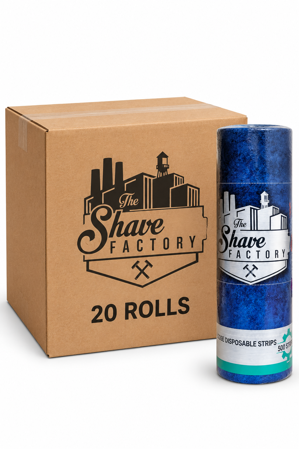 The Shave Factory Disposable Neck Strips | 100 Strips per Roll- Blue/White