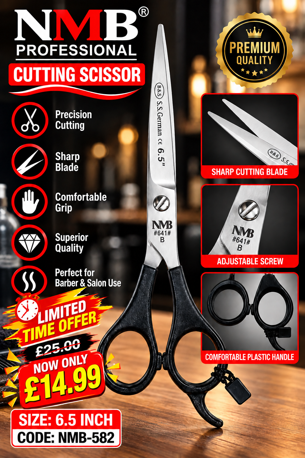 NMB Professional Cutting Scissor 6.5 Inch – Silver Blade with Black Plastic Handle – NMB-582