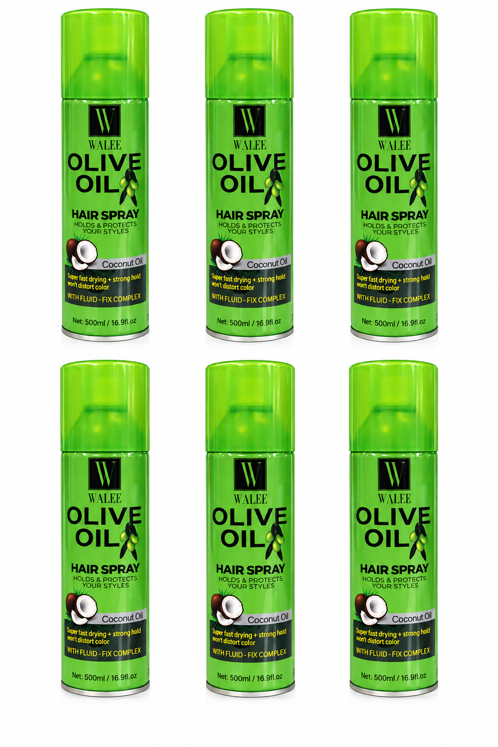 Walee Olive Oil Hair Spray with Coconut Oil, Strong Hold Styling Spray, Super Fast Drying, 500ml